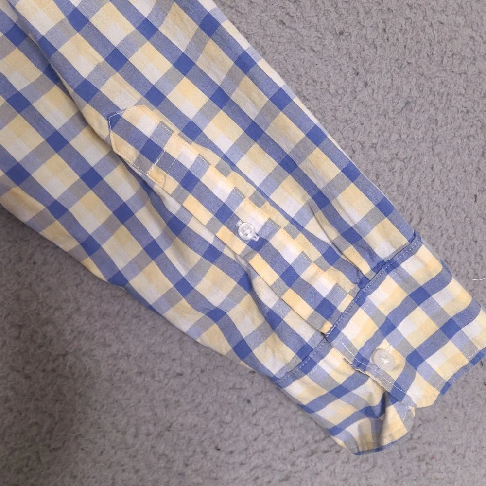 J Crew Shirt Mens Large Blue Yellow‎ White Slim Untucked Flex Washed Preppy